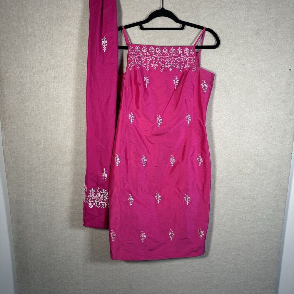 VTG 90s Ann Taylor Women’s Silk Hot Pink White Embroidered  Dress Size 4 Shawl